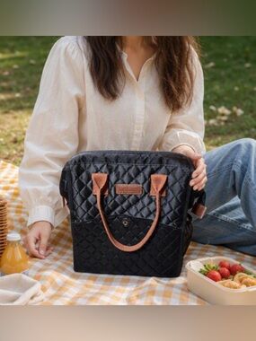 🌷 Lokass 🌷 Chic Black Insulated Lunch Bag w/ Brown Handles Handbag